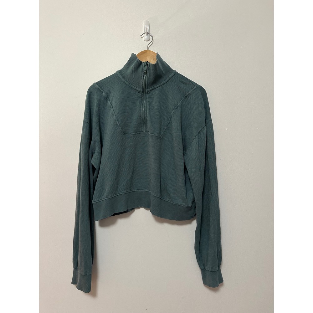 Mono B Quarter Zip Cropped Pullover Sweatshirt in Teal Cotton | Size Medium